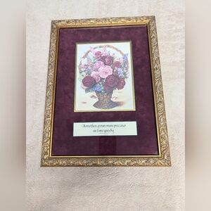 Framed Art gold leaf frame wicker basket flowers marbled background burgandy